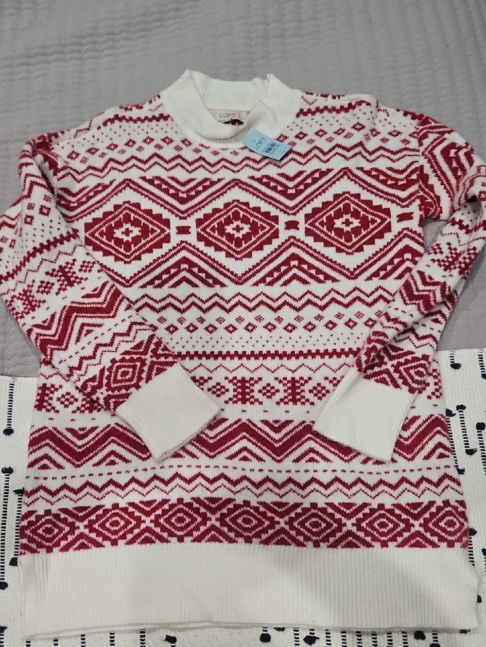 LOFT Red and Cream Nordic Crewneck Sweater
